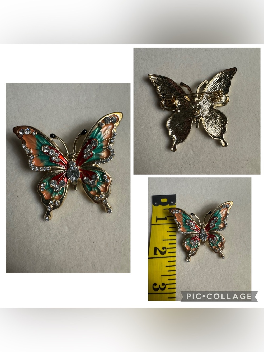 New Enamel Butterfly Brooch in Teal & Coral with Rhinestones